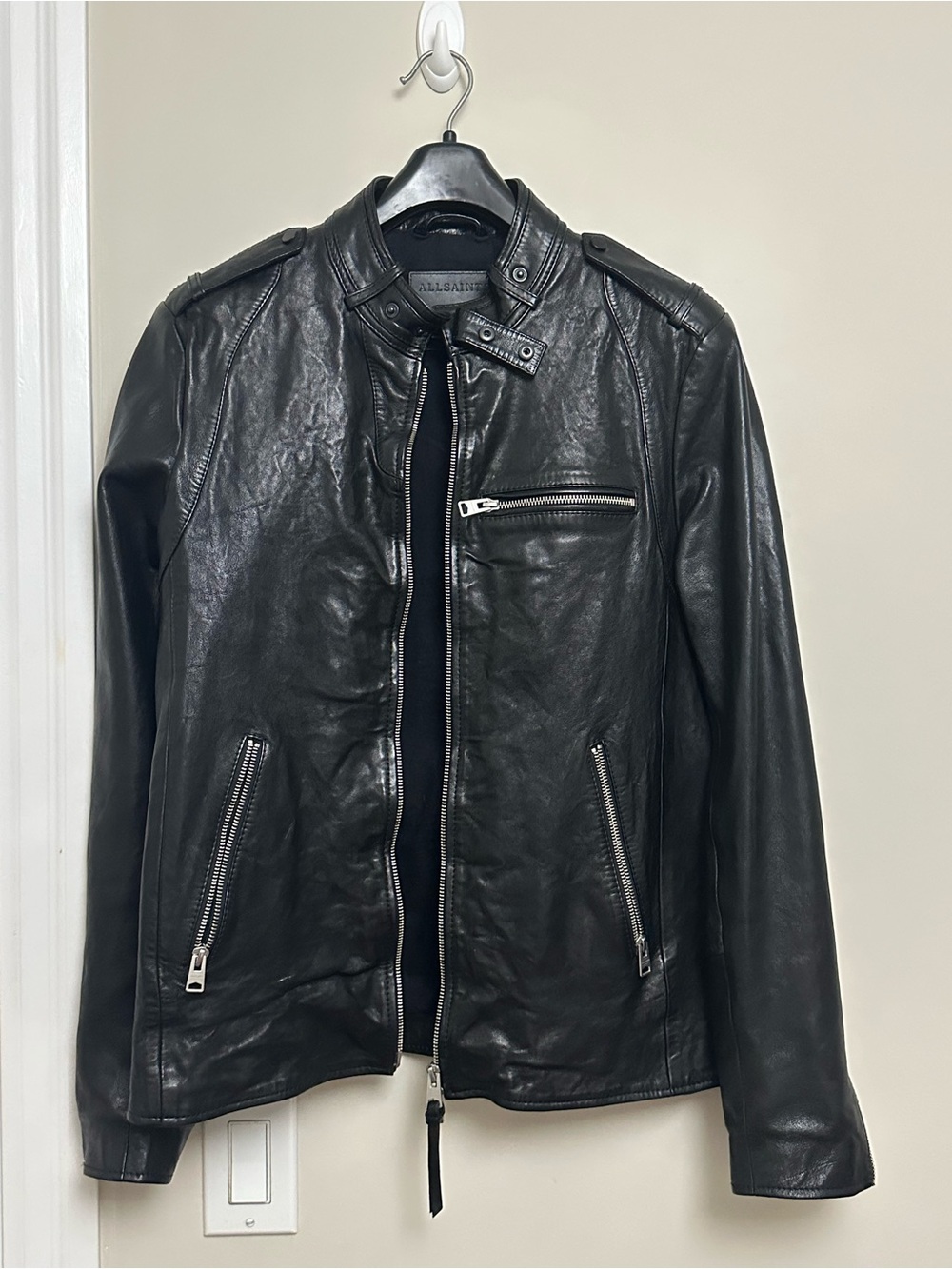 All Saints Black Leather Bomber Jacket with Silver Hardware